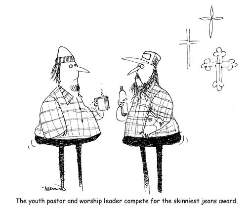 The youth pastor and worship leader compete for the skinniest jeans award.