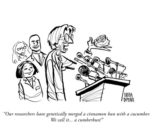 "Our researchers have genetically merged a cinnamon bun with a cucumber. We call it...a cumberbun!"