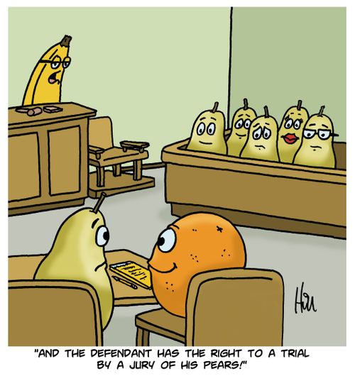 "And the defendant has the right to a trial by a jury of his pears!"
