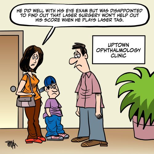 "He did well with his eye exam but was disappointed to find out that laser surgery won't help out his score when he plays laser tag."