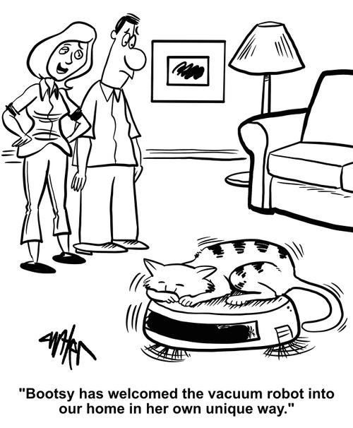 "Bootsy has welcomed the vacuum robot into our home in her own unique way."