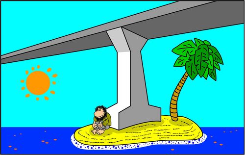 A desert island under a bridge