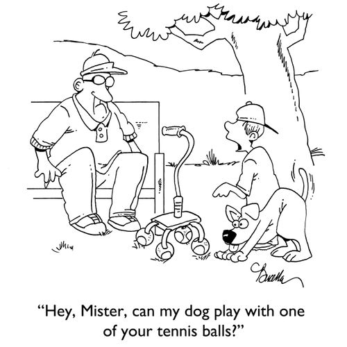 "Hey, Mister, can my dog play with one of your tennis balls?"