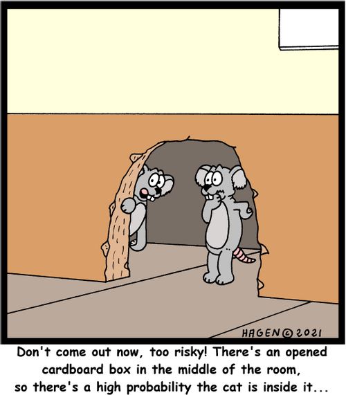 "Don't come out now, too risky! There's an opened cardboard box in the middle of the room, so there's a high probability the cat is inside it. . ."