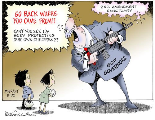 "Go back where you came from!! Can't you see I'm busy protecting our own children?!"