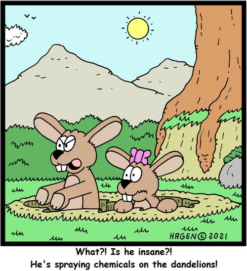 "What?! Is he insane?! He's spraying chemicals on the dandelions!" 