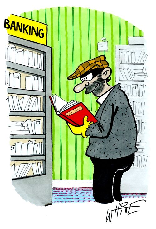 A robber reads a book on banking