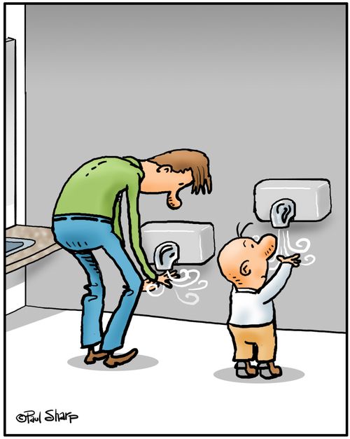"A man and a child using the wrong hand dryers."