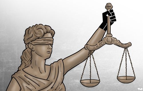 Lady justice with a raised fist