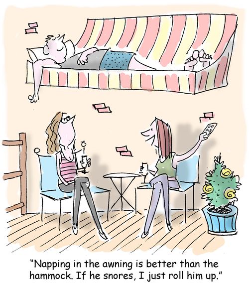"Napping in the awning is better than the hammock. If he snores, I just roll him up."