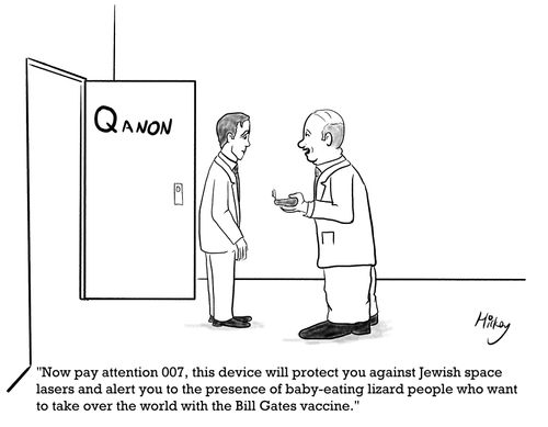 "Now pay attention 007, this device will protect you against Jewish space lasers and alert you to the presence of baby-eating lizard people who want to take over the world with the Bill Gates vaccine."