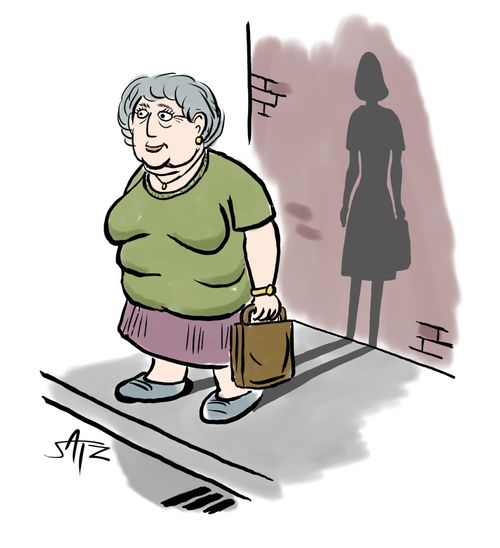 An old woman and her younger looking shadow