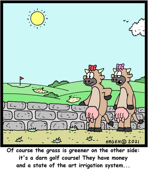 "Of course the grass is greener on the other side: it's a darn golf course! They have money and a state of the art irrigation system..."
