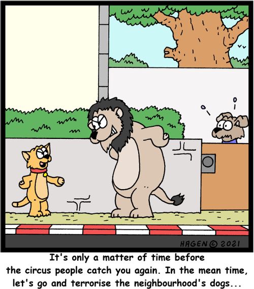 "It's only a matter of time before the circus people catch you again. In the mean time, let's go and terrorise the neighbourhood's dogs..."