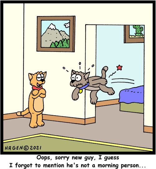 "Oops, sorry new guy, I guess I forgot to mention he's not a morning person..."