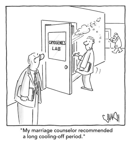 "My marriage counselor recommended a long cooling-off period."