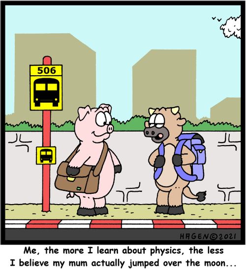 "Me, the more I learn about physics, the less I believe my mum actually jumped over the moon..."