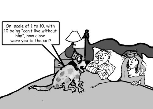 "On scale of 1 to 10, with 10 being 'can't live without him', how close were you to the cat?"