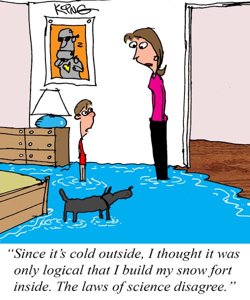 "Since it's cold outside, I thought it was only logical that I build my snow fort inside. The laws of science disagree."