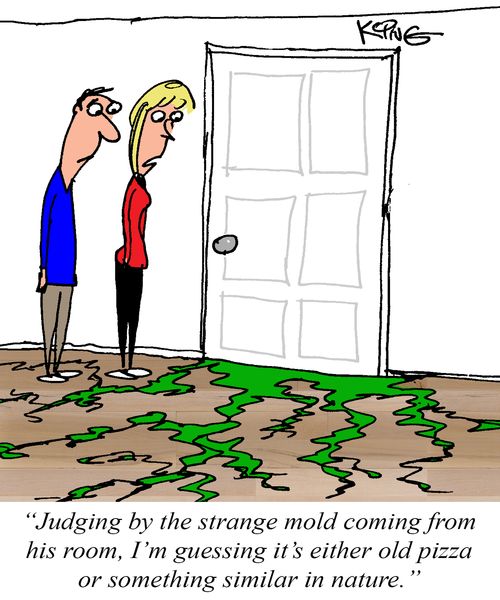 "Judging by the strange mold coming from his room, I'm guessing it's either old pizza or something similar in nature."
