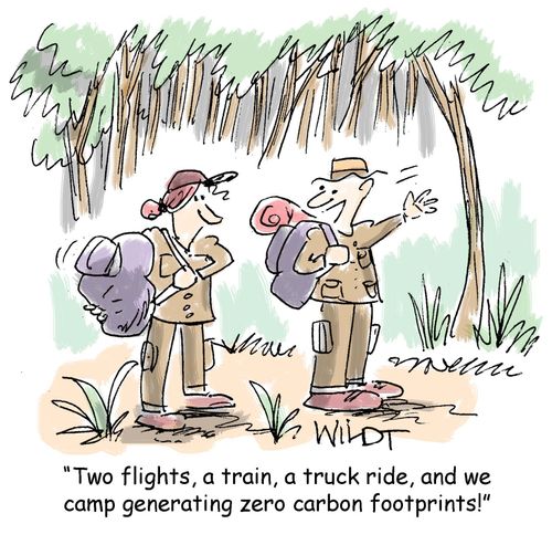 "Two flights, a train, a truck ride, and we camp generating zero carbon footprints!"