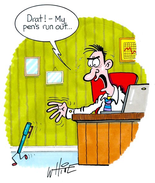 "Drat! - My pen's run out. . ."