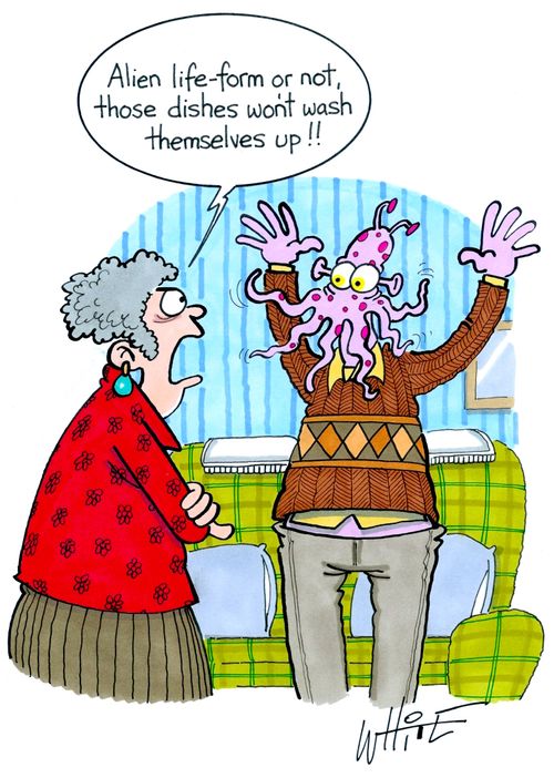 "Alien life-form or not, those dishes won't wash themselves up!"