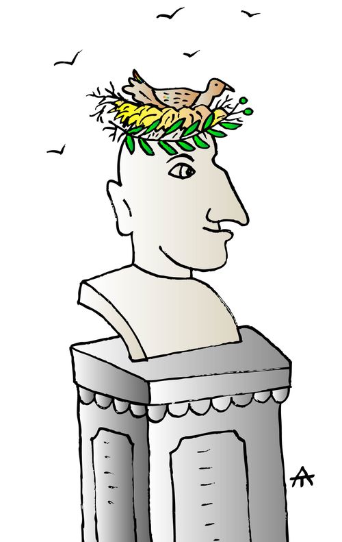 A bird nesting on a statue of Caesar 