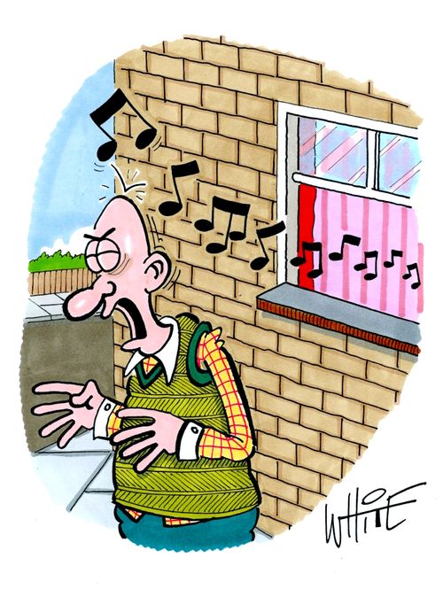 Man being hit in the head by musical notes.