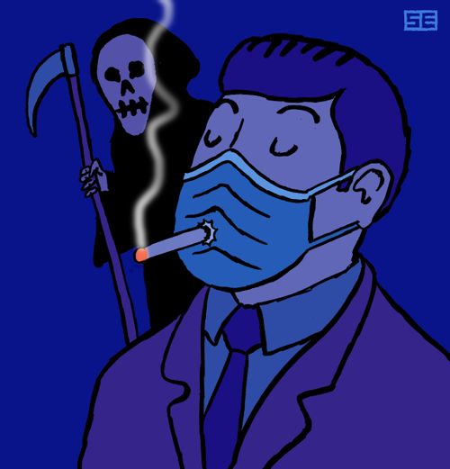 A smoker in a face mask