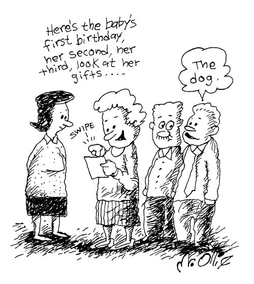 "Here's the baby's first birthday, her second, her third, look at her gifts..."