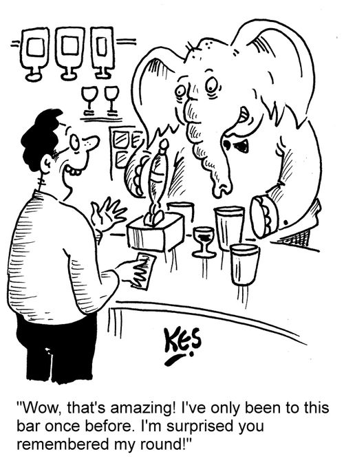 "Wow, that's amazing! I've only been to this bar once before. I'm surprised you remembered my round!"