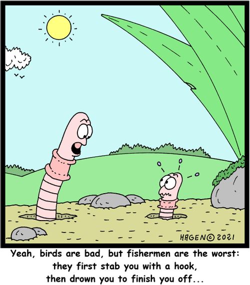 "Yeah, birds are bad, but fishermen are the worst: they first stab you with a hook, then drown you to finish you off. . ."