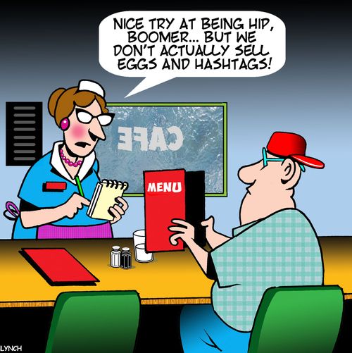 "Nice try at being hip, boomer. . . but we don't actually sell eggs and hashtags!"