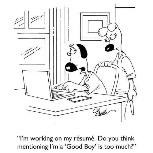 "I'm working on my resume. Do you think mentioning I'm a 'Good Boy' is too much?"