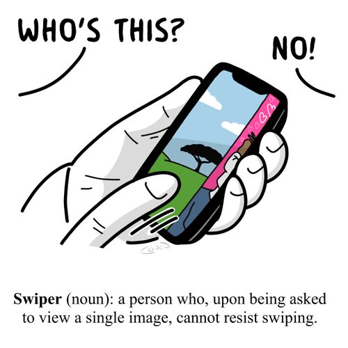 Swiper (noun): a person who, upon being asked to view a single image, cannot resist swiping.
