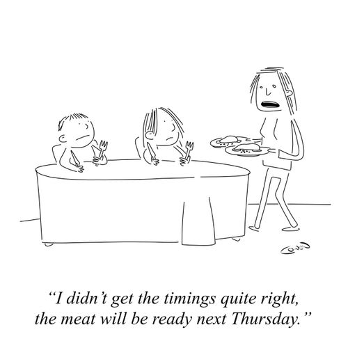 "I didn't get the timings quite right, the meat will be ready next Thursday."
