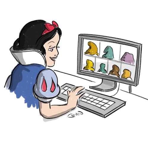 Snow White looking at dwarf hats on the Internet