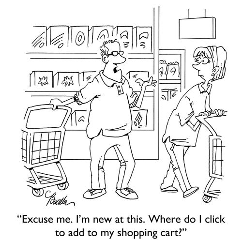 "Excuse me. I'm new at this. Where do I click to add to my shopping cart?"