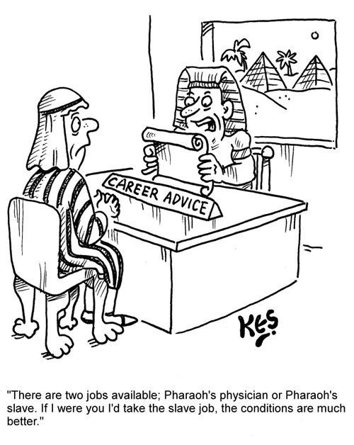 "There are two jobs available; Pharaoh's physician or Pharaoh's slave. If I were you I'd take the slave job, the conditions are much better."