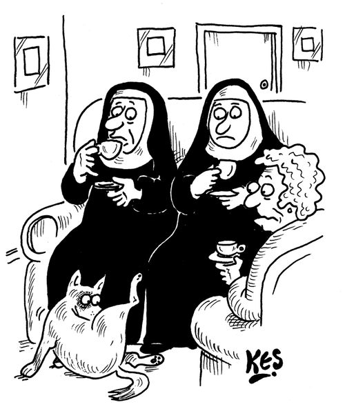 Bad mannered dog embarrasses visiting nuns.