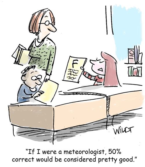 "If I were a meteorologist, 50% correct would be considered pretty good."