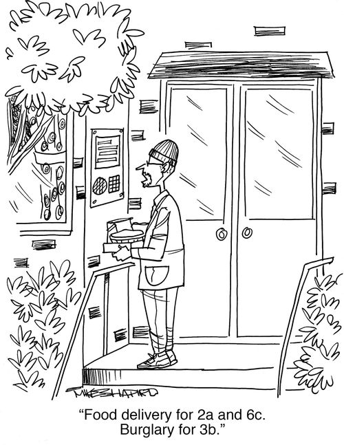 "Food delivery for 2a and 6c. Burglary for 3b."