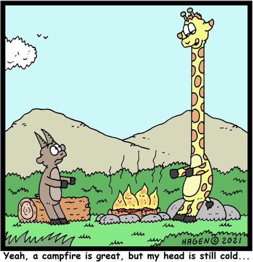 "Yeah, a campfire is great, but my head is still cold. . ."