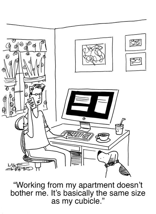 "Working from my apartment doesn't bother me. It's basically the same size as my cubicle."