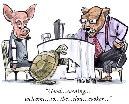 "Good. . . evening. . . welcome . . . to . . . the. . . slow. . . cooker. . ."