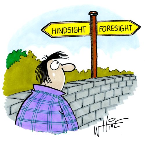 Sign pointing to 'hindsight' and 'foresight'