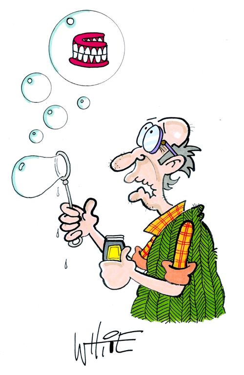 An old man loses his dentures in a bubble