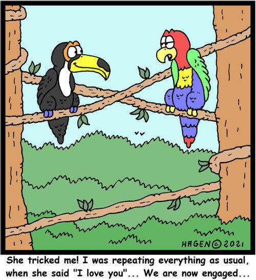 "She tricked me! I was repeating everything as usual, when she said 'I love you'. . . We are now engaged. . ."