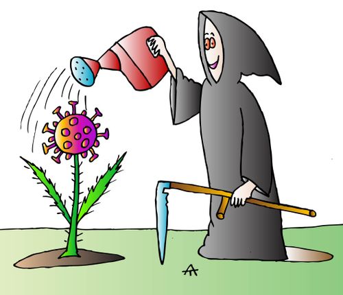 Grim Reaper watering a Covid Flower